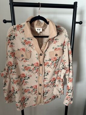 BiBi Beige Floral Button-Front Shacket with Pink Roses